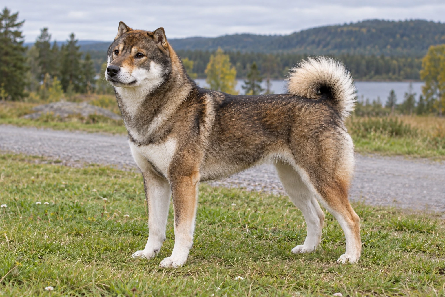 Voksen Shikoku med naturlige ører og hale står ved en engsti.