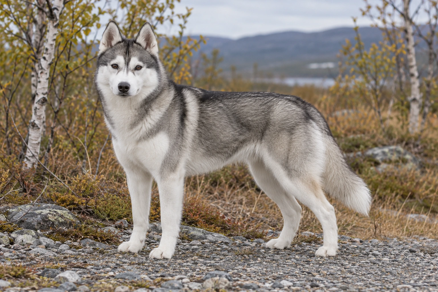 Grå-hvid Siberian Husky med brune øjne står på grus mellem lave birketræer.