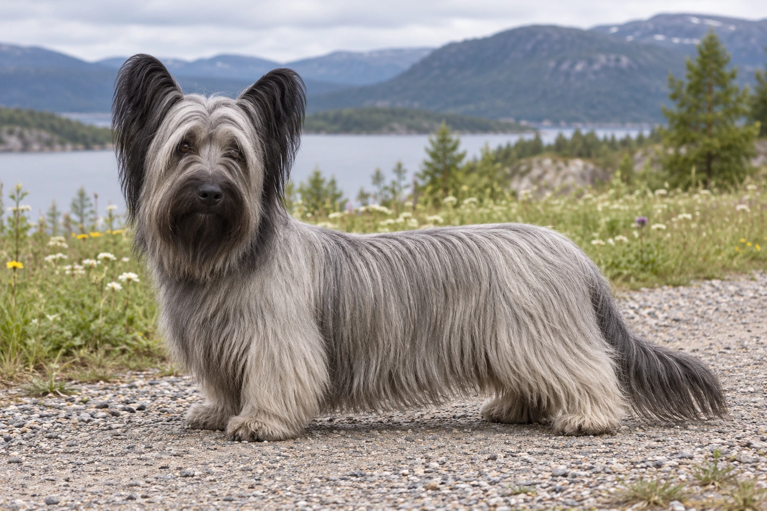 Lysegrå Skye Terrier med sorte ørefaner og lang lige pels står på en grussti.