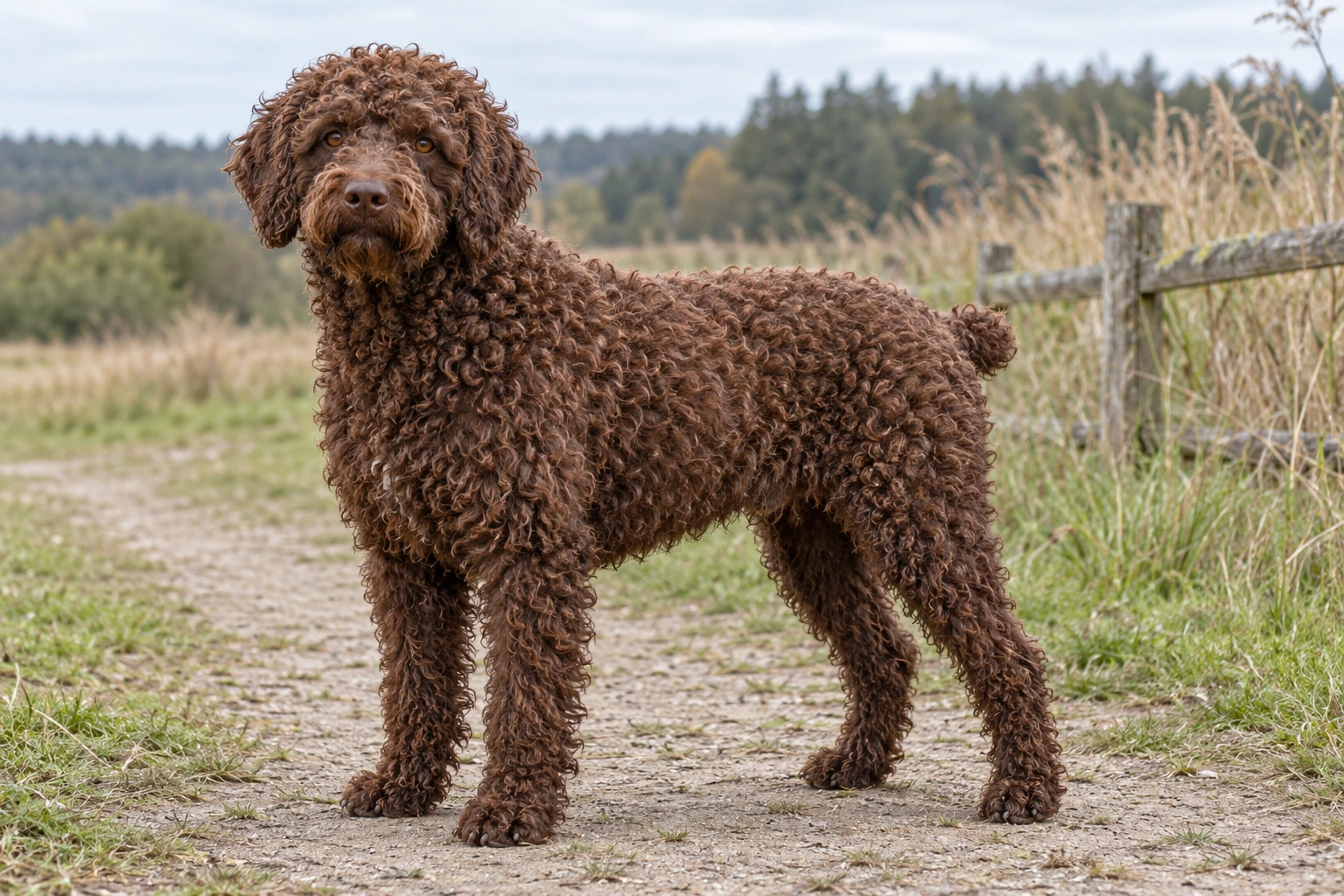 Brun Spansk Vandhund med uldne krøller og naturlig stumphale står ved et træhegn.