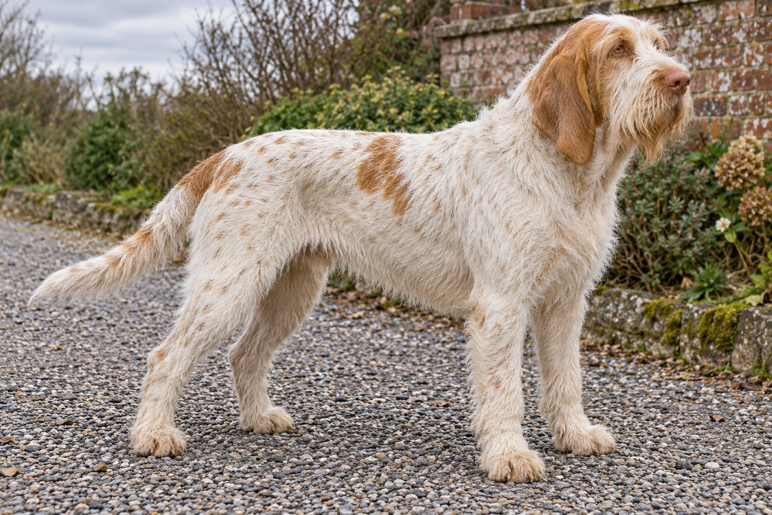 Voksen hvid og orange Spinone med strid pels, rosa næse og fuld naturlig hale i en have