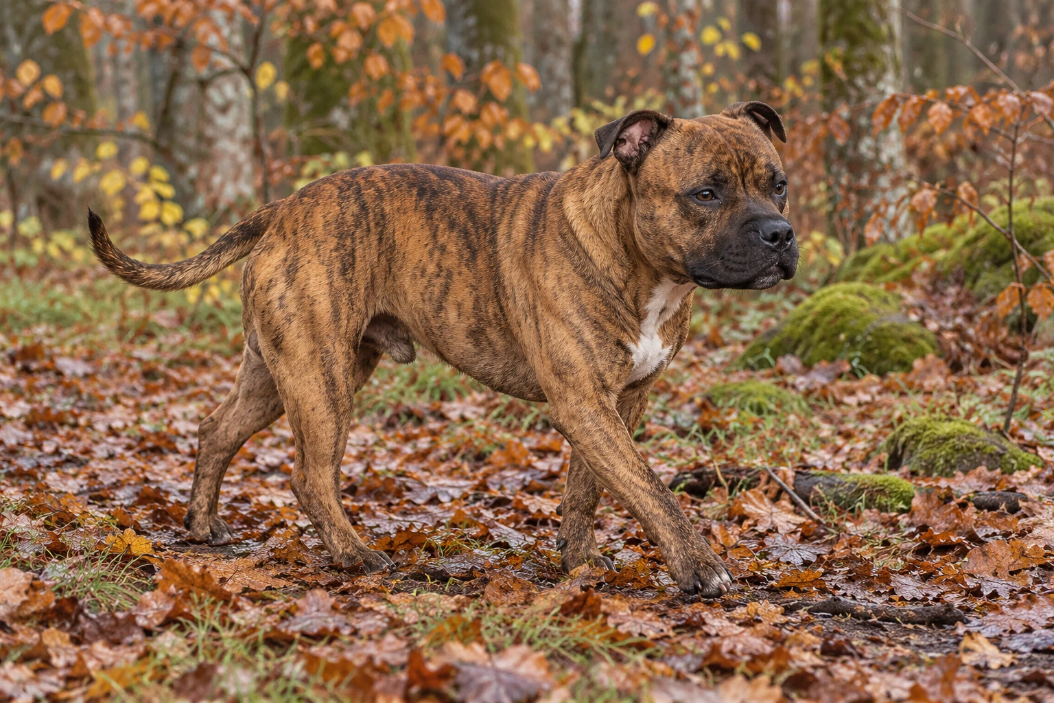 Staffordshire Bull Terrier med Kaisers brindlede farve og hvide brystaftegning i et nordisk hverdagsmiljø