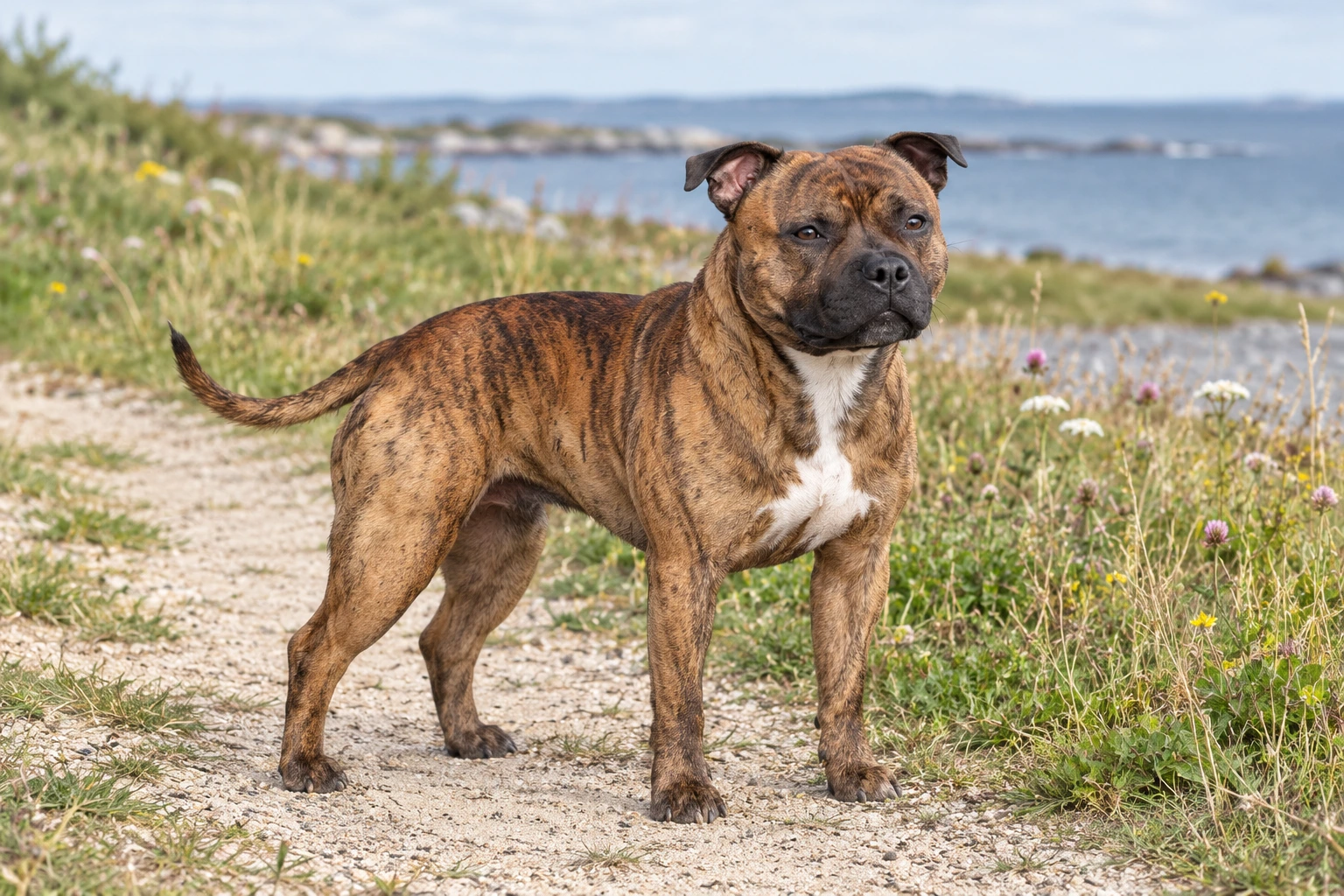 Staffordshire Bull Terrier med Kaisers brindlede farve og hvide brystaftegning i et nordisk hverdagsmiljø