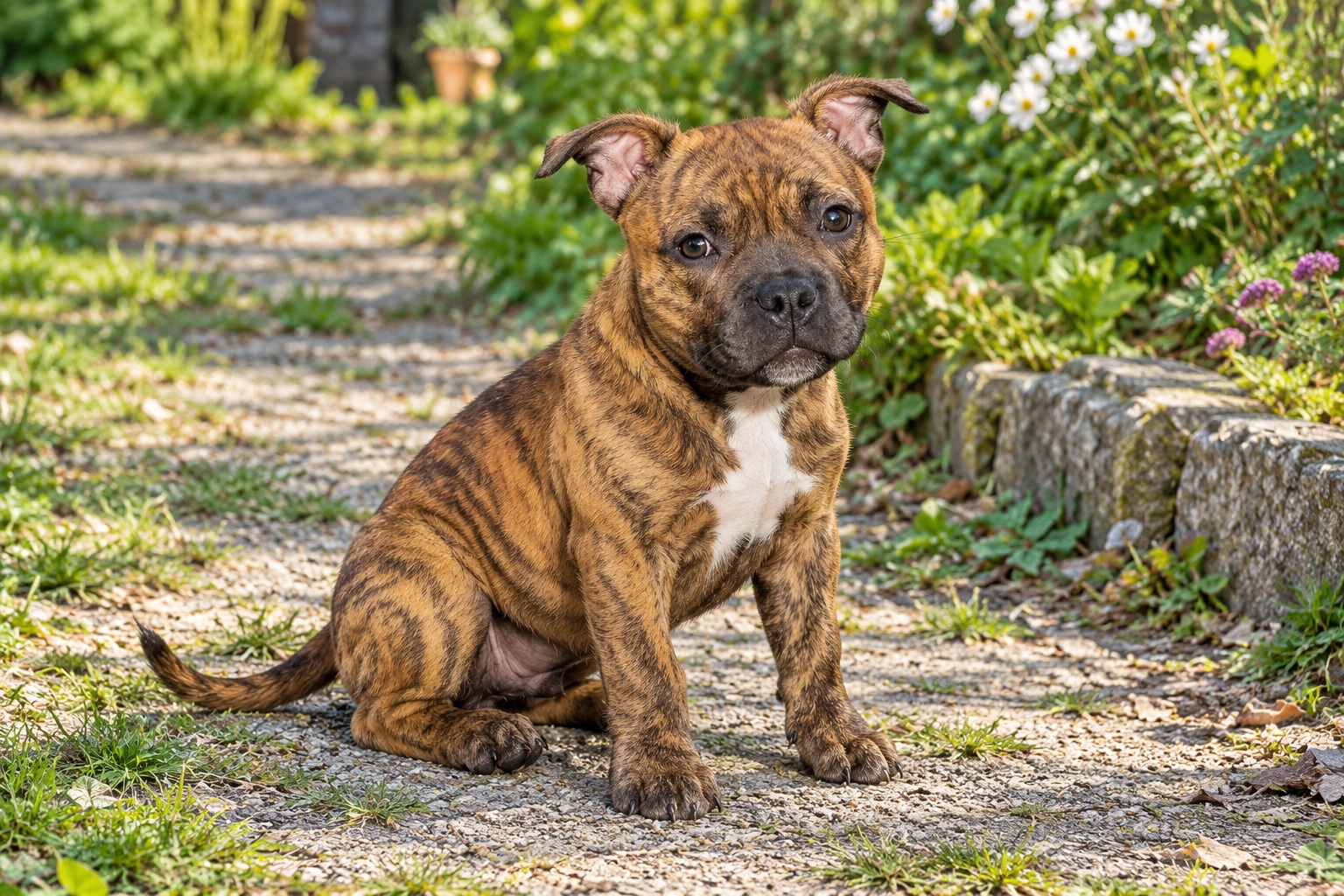 Hvalp af racen Staffordshire Bull Terrier, ca. 12 uger, med aftegninger baseret på Kaiser