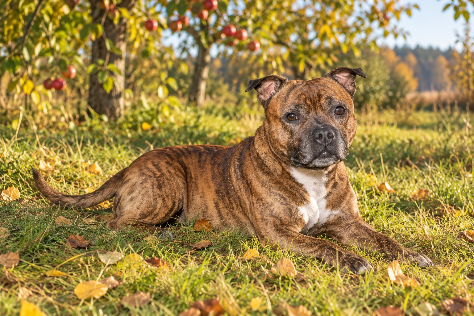 Senior af racen Staffordshire Bull Terrier, ca. 10 år, med aftegninger baseret på Kaiser