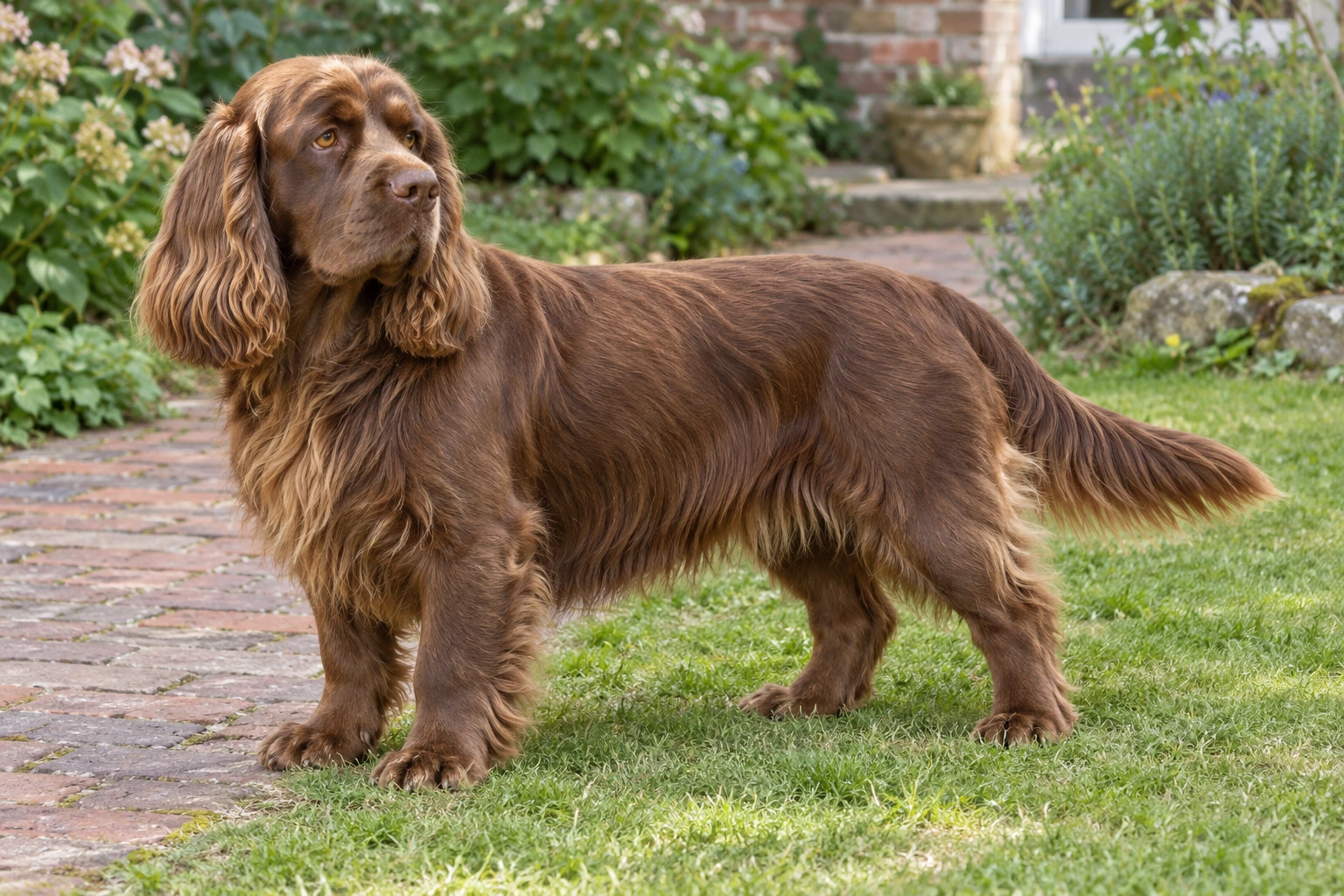 Voksen gyldenleverbrun Sussex Spaniel med fuld naturlig hale ved en havesti