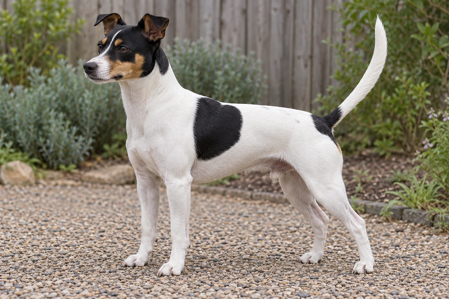 Voksen hvid Tenterfield Terrier med sorte og tan-aftegn, naturlige halvt rejste ører og fuld lang hale