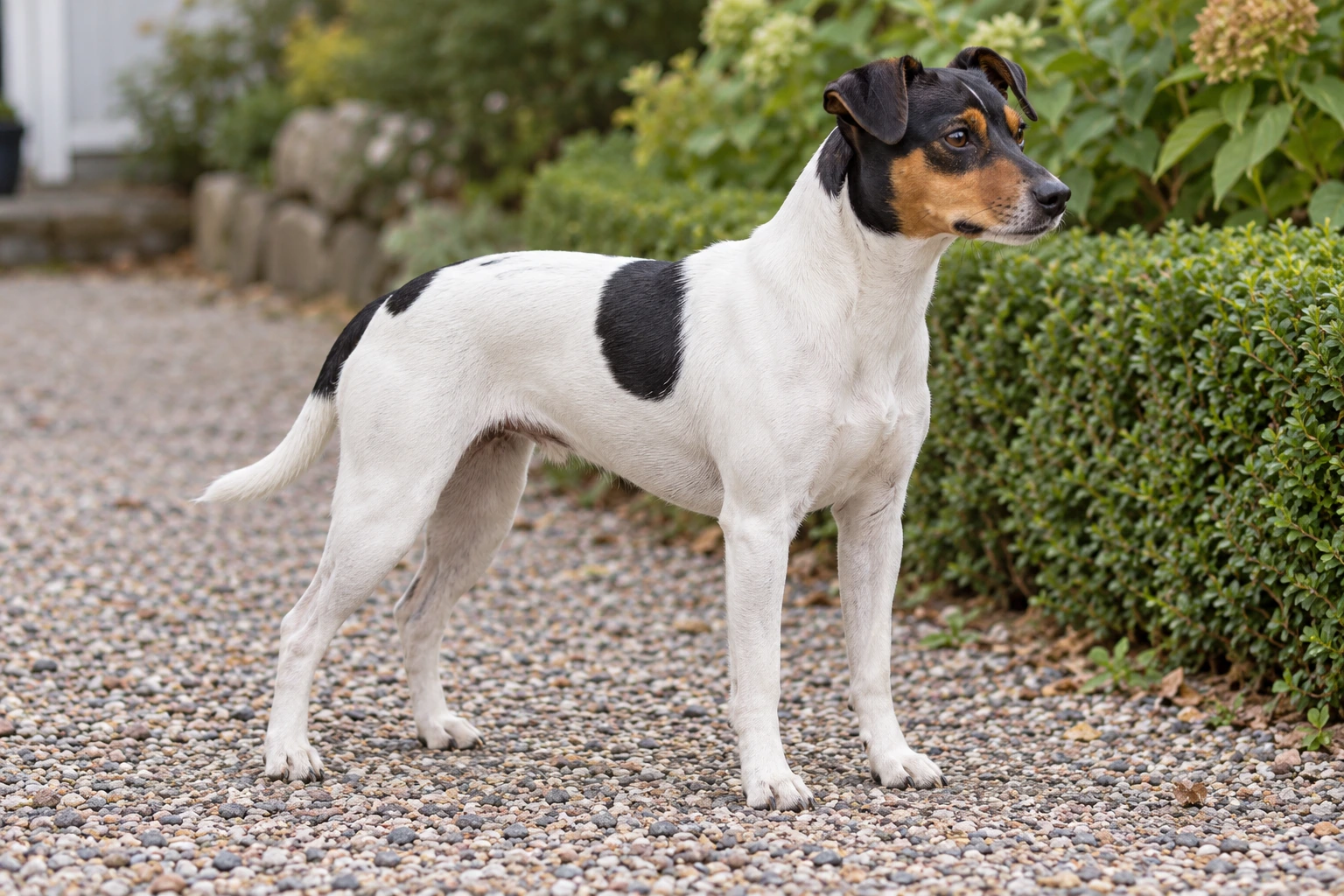 Voksen hvid, sort og tan Terrier Brasileiro står på en grussti med fuld naturlig hale