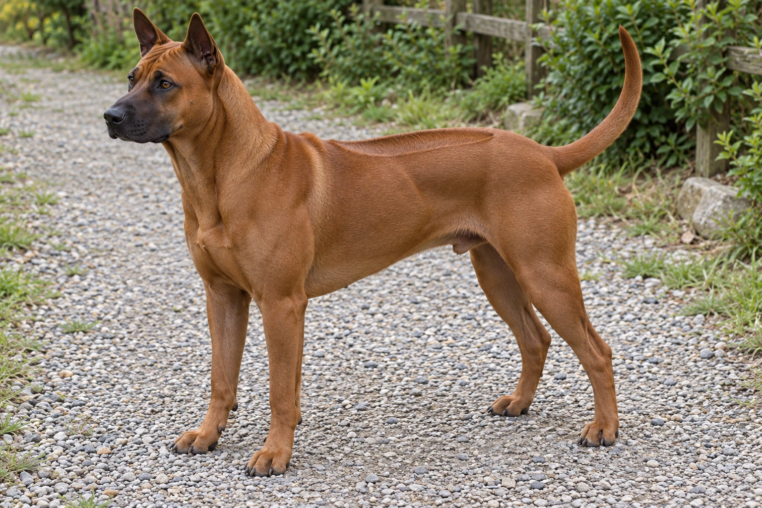 Voksen rød Thai Ridgeback med sort maske, synlig hårkam på ryggen og fuld naturlig opadbuet hale