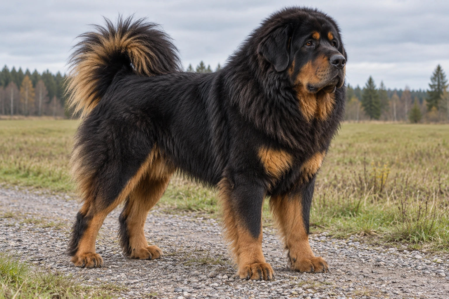 Voksen sort og tan Tibetansk Mastiff med naturlige hængeører og fuld løst buet fanehale på en engsti