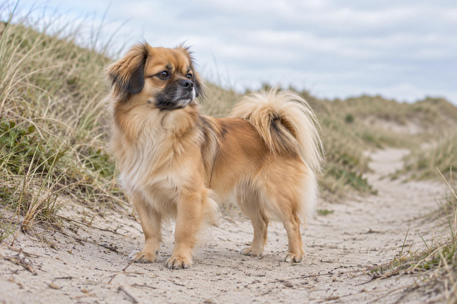 Gylden voksen Tibetansk Spaniel står på en klitsti