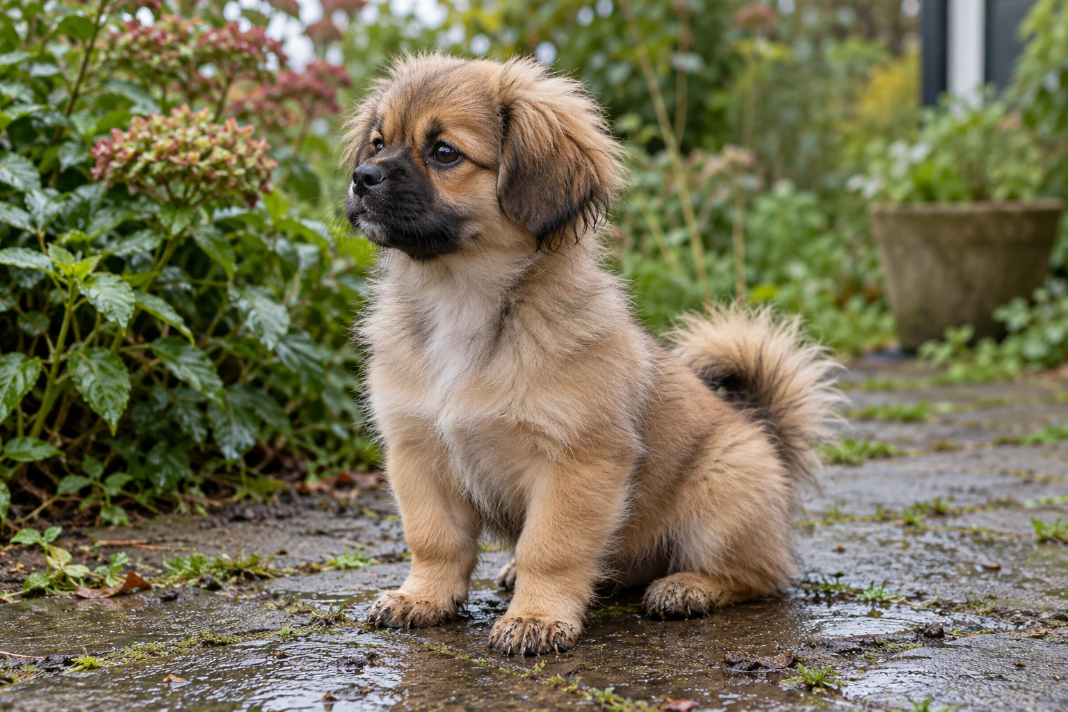 Hvalp af racen Tibetansk Spaniel, ca. 12 uger, i et nordisk hverdagsmiljø
