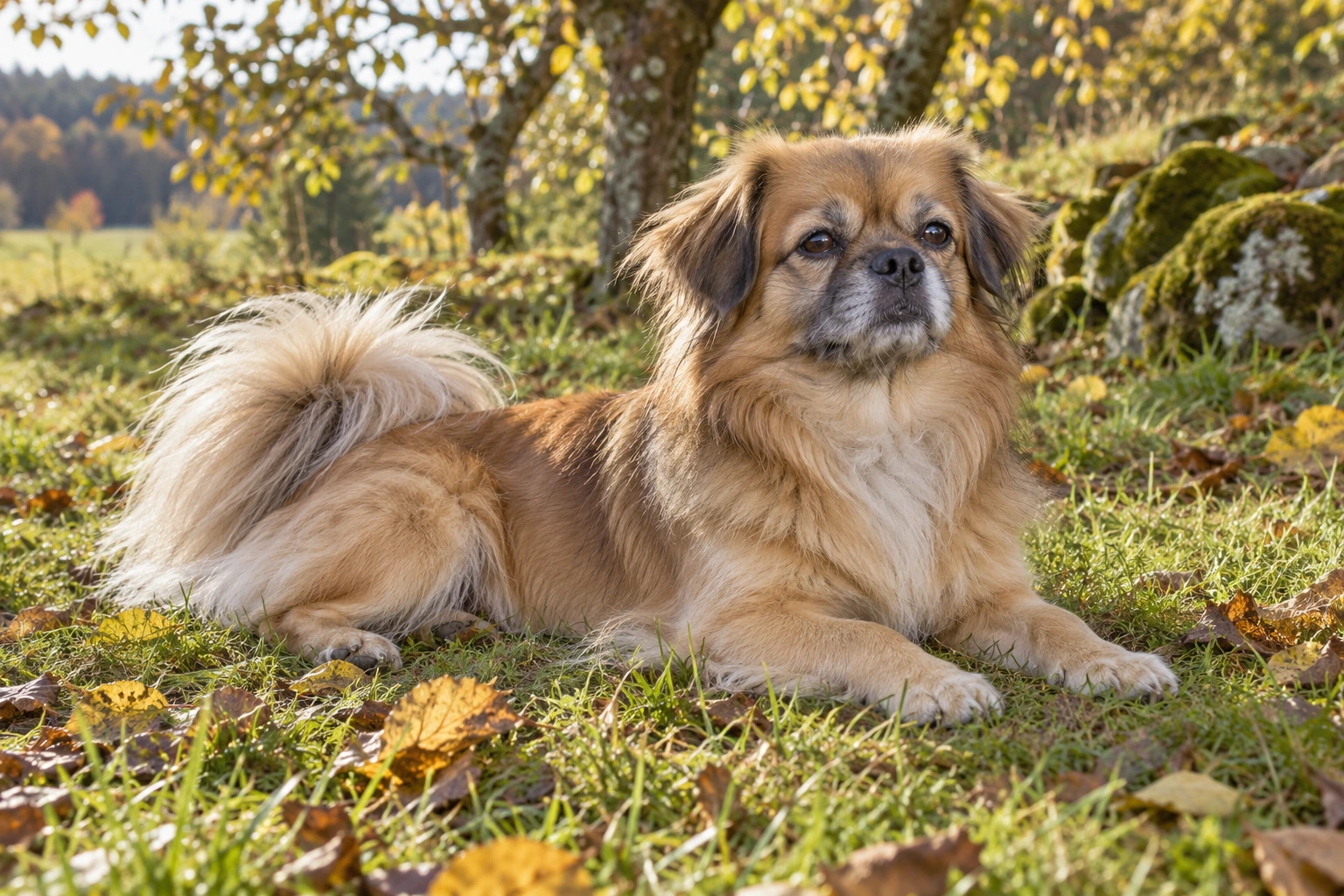 Senior af racen Tibetansk Spaniel, ca. 10 år, i et nordisk hverdagsmiljø