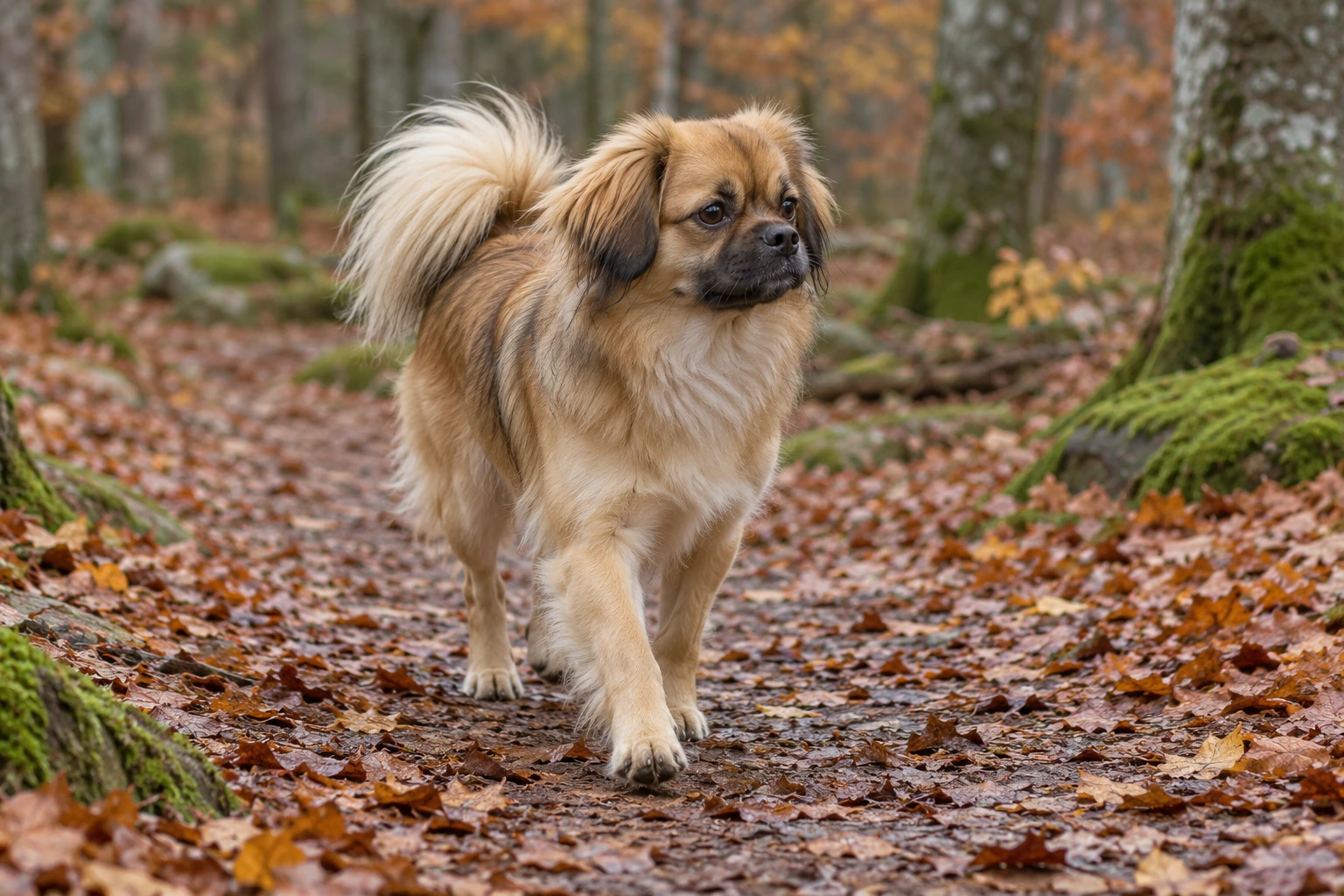 Unghund af racen Tibetansk Spaniel, ca. 9 måneder, i et nordisk hverdagsmiljø