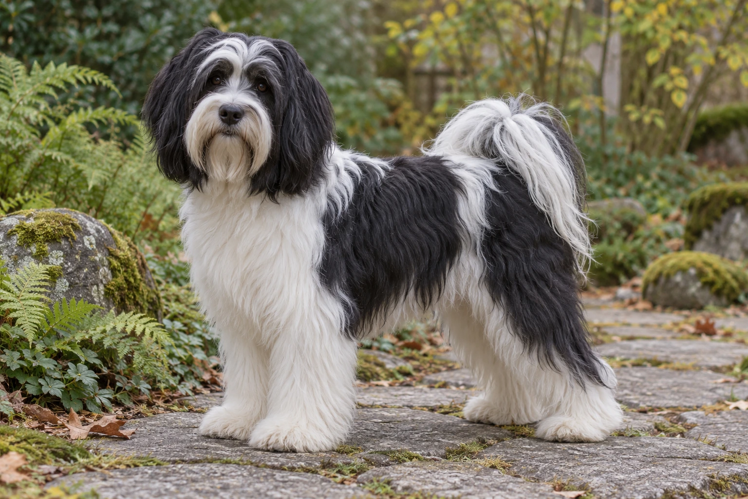 Sort-hvid Tibetansk Terrier med lang pels og hale over ryggen står på en flisesti.