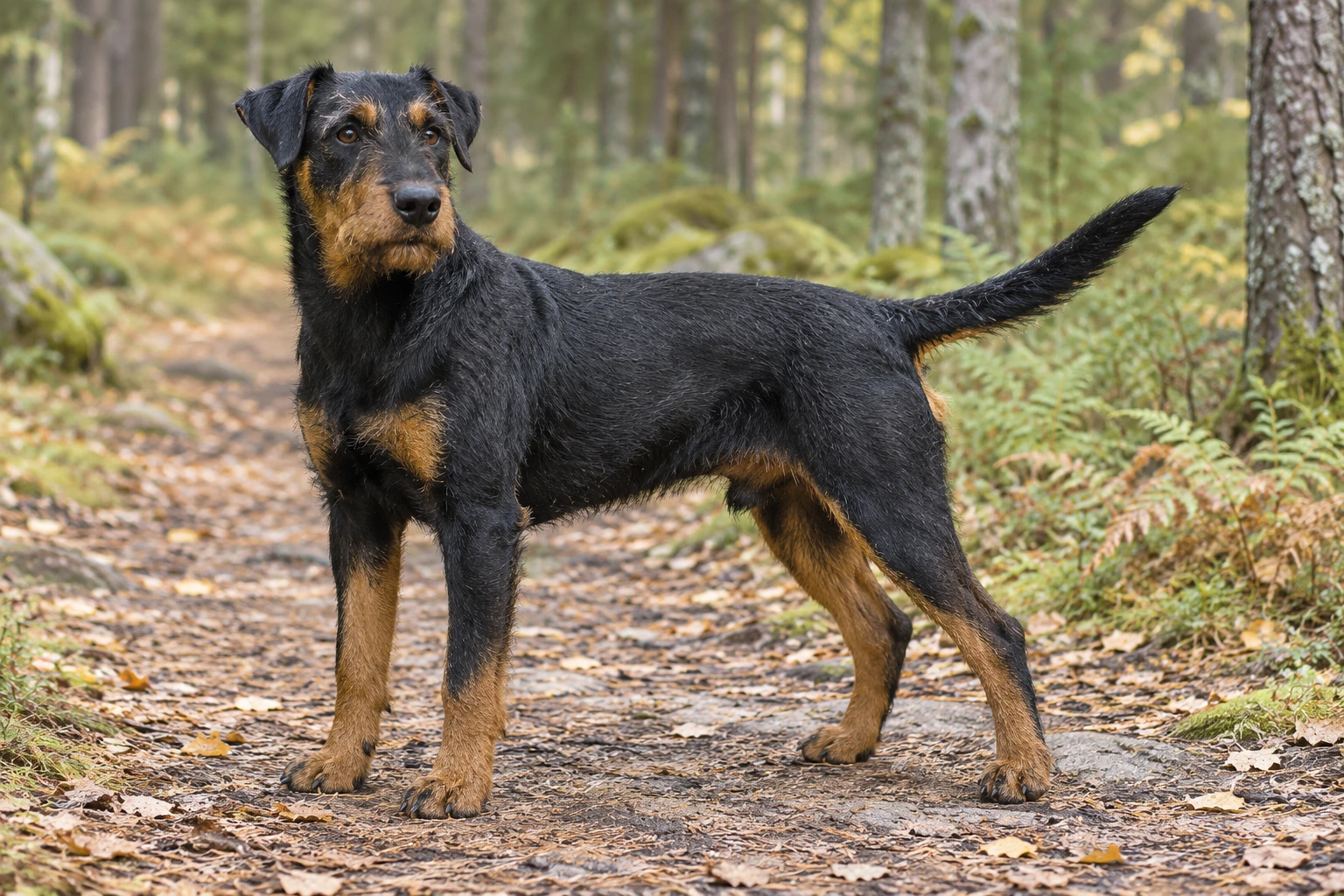 Sort og tan ruhåret Tysk Jagtterrier med fuld naturlig hale står på en skovsti.