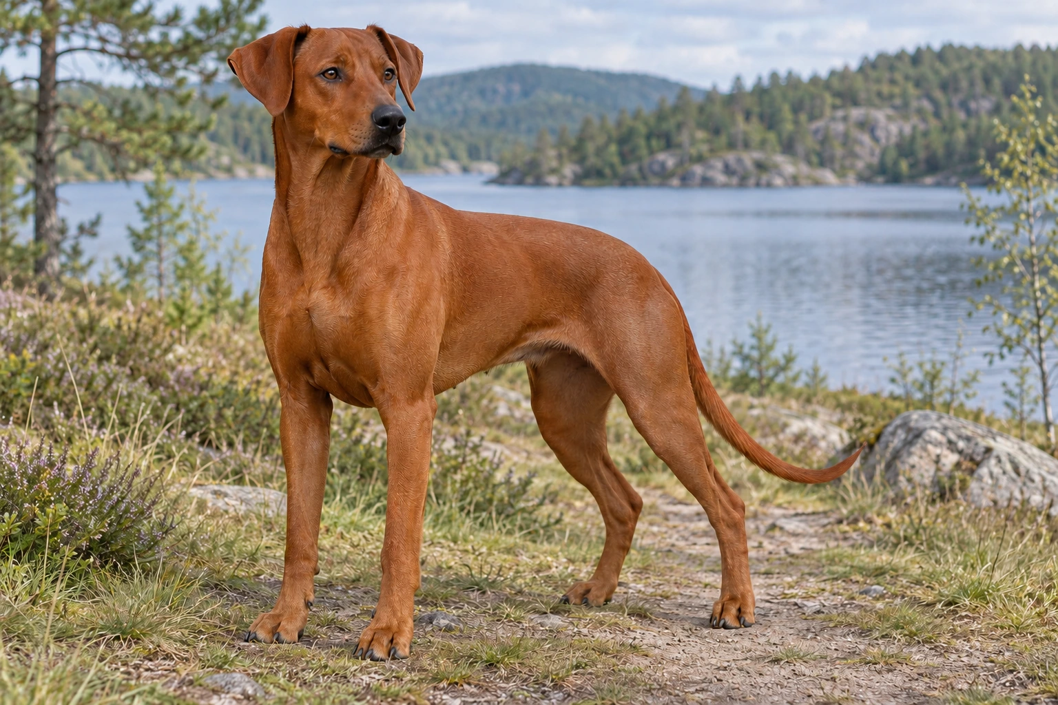Voksen rød Tysk Pinscher med naturlige hængeører og lang sabelhale på en natursti