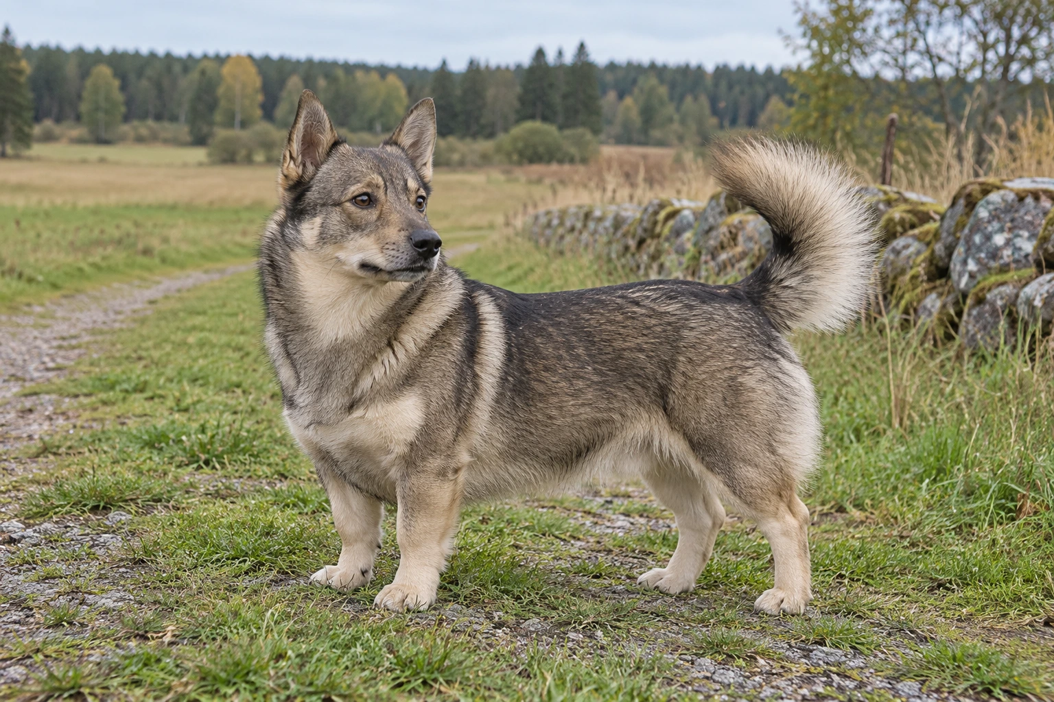 Gråbrun Västgötaspids med korte ben og lang naturlig hale står ved et stengærde.