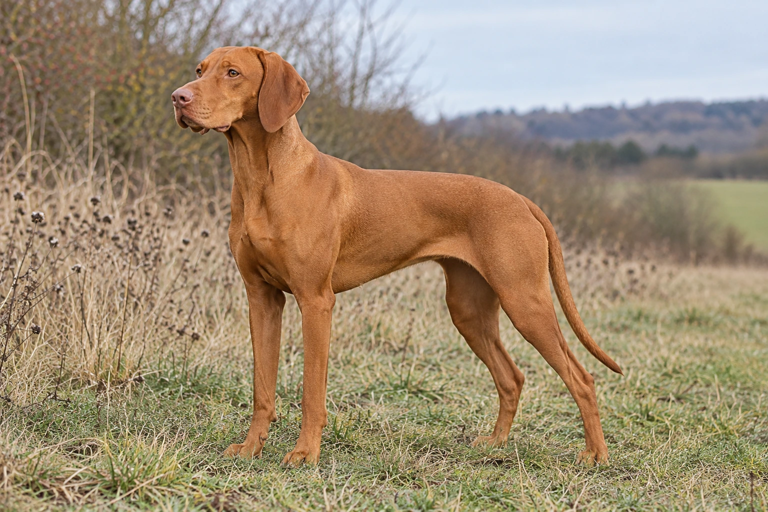 Korthåret gylden Vizsla med naturlig lang hale står ved en markkant.