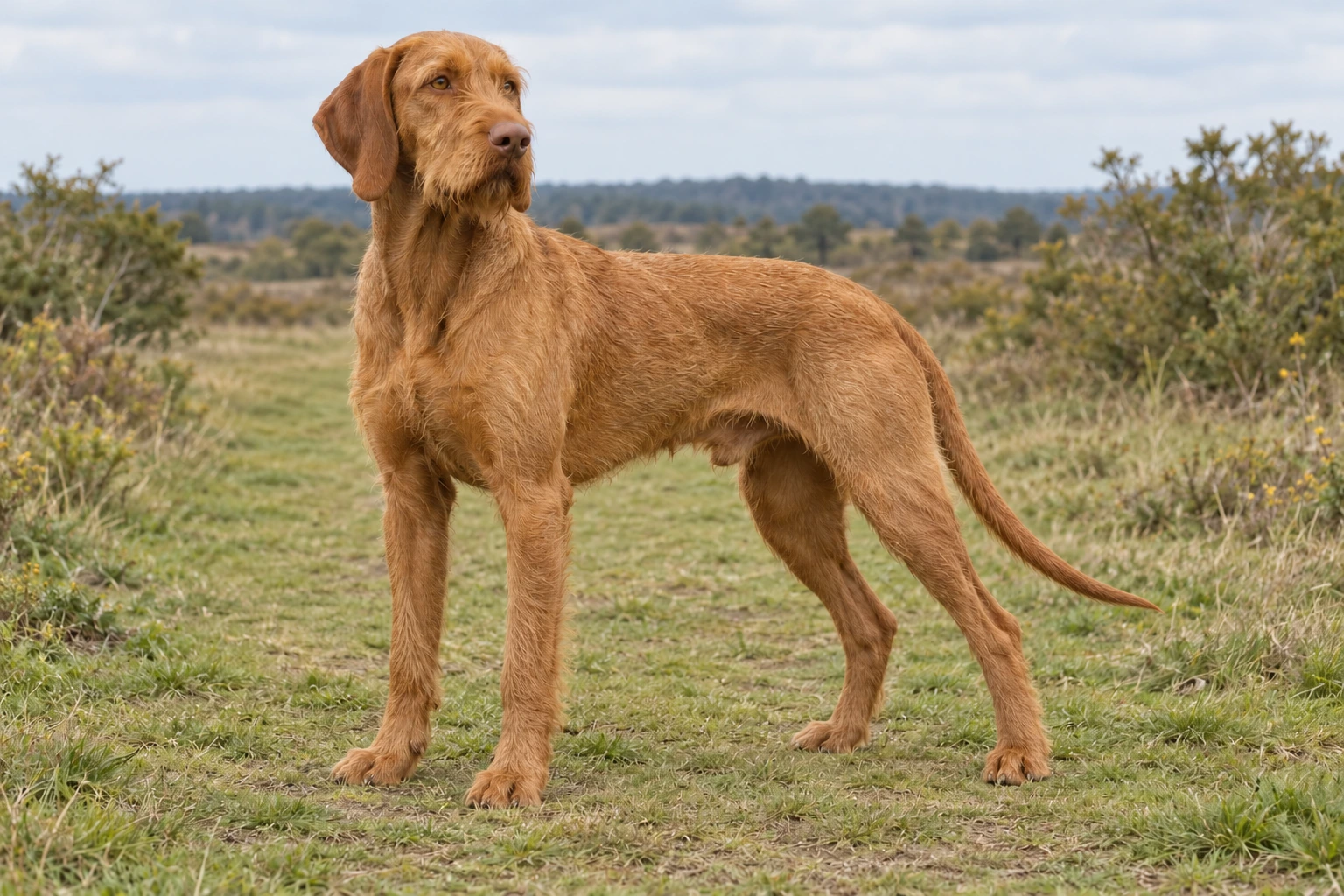 Gylden ruhåret Vizsla med kort skæg og lang naturlig hale står på en græsset markvej.