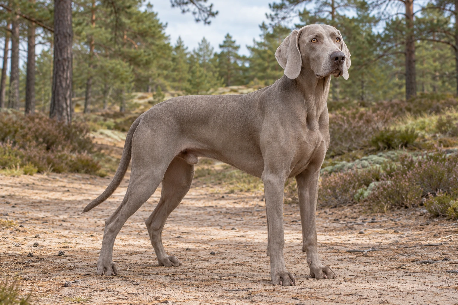 Sølvgrå korthåret Weimaraner med ravfarvede øjne står på en sandet skovsti.