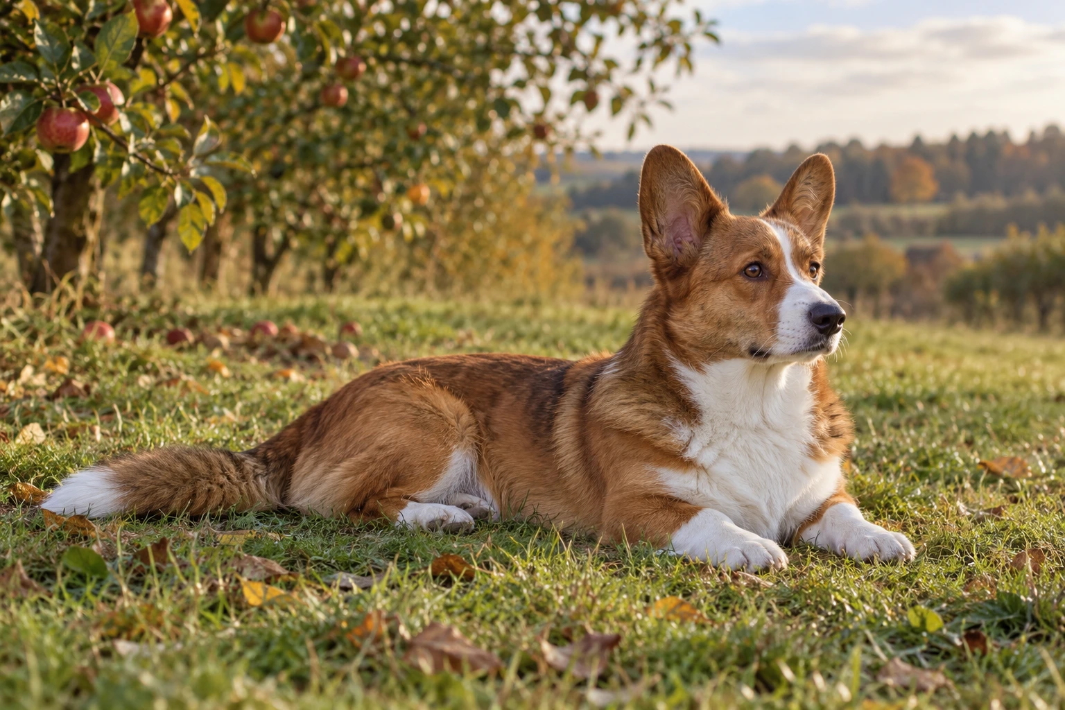 Brindlet og hvid voksen Welsh Corgi Cardigan ligger i en frugthave