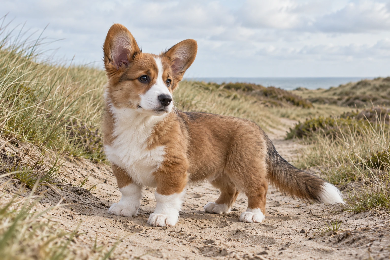Hvalp af racen Welsh Corgi Cardigan, ca. 12 uger, i et nordisk hverdagsmiljø