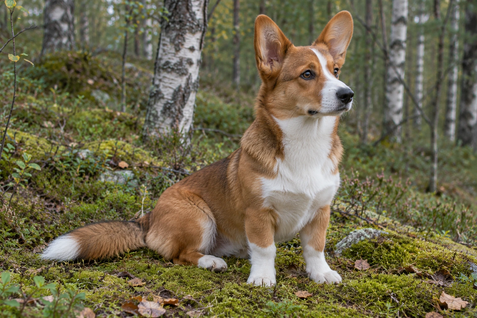 Unghund af racen Welsh Corgi Cardigan, ca. 9 måneder, i et nordisk hverdagsmiljø