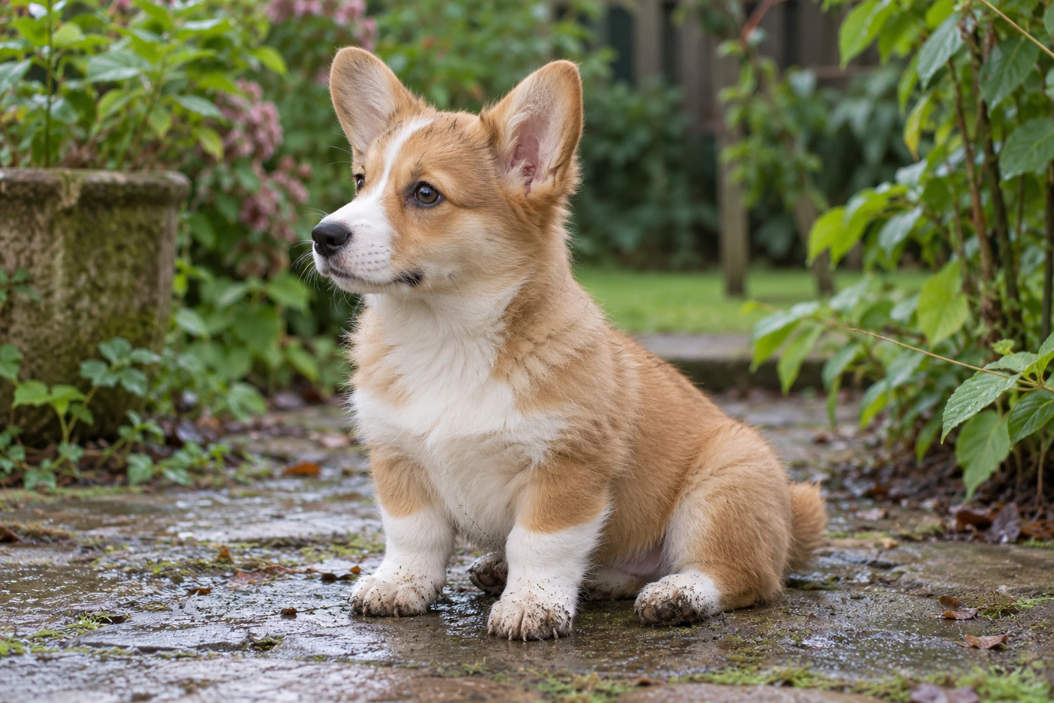 Hvalp af racen Welsh Corgi Pembroke, ca. 12 uger, i et nordisk hverdagsmiljø