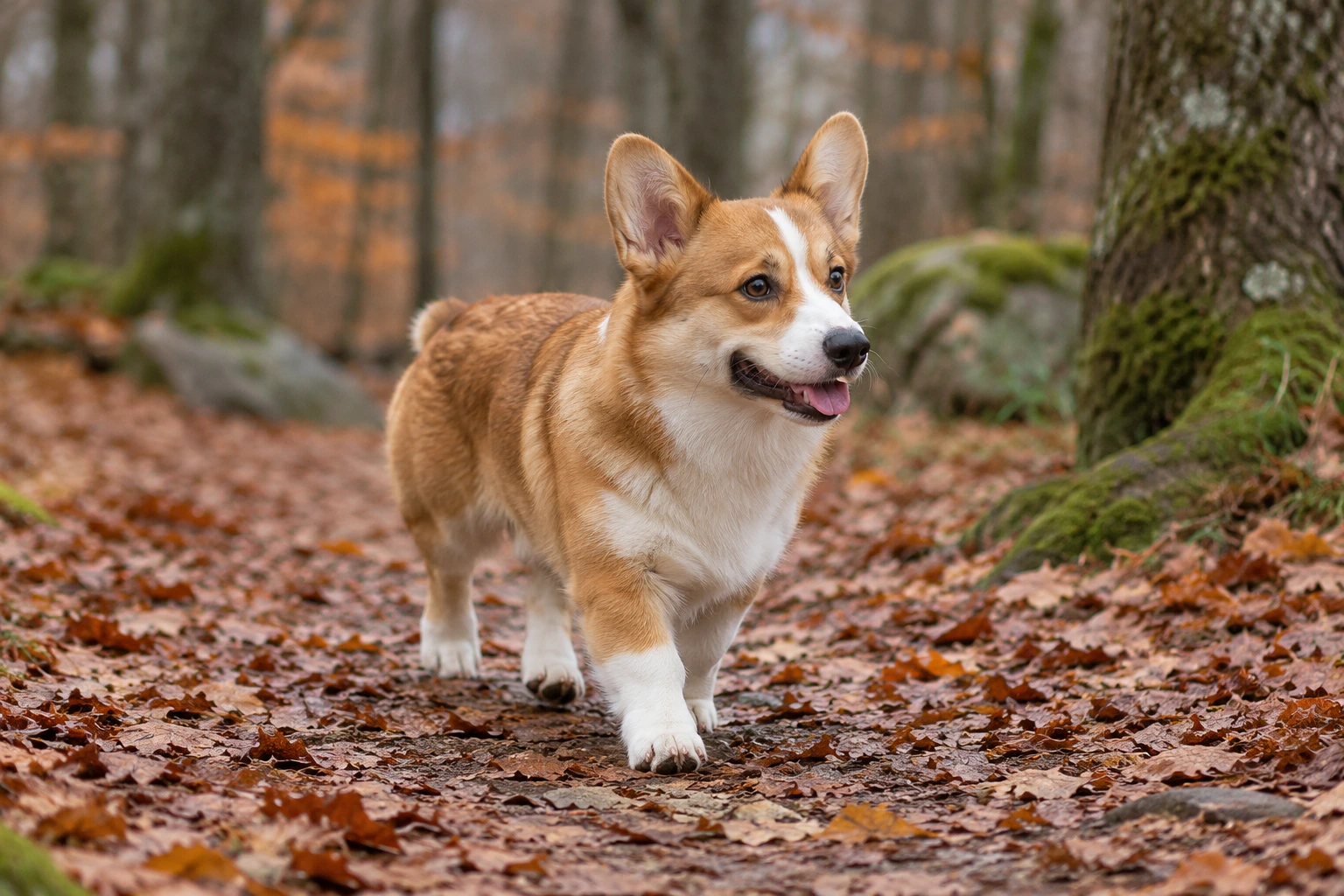 Unghund af racen Welsh Corgi Pembroke, ca. 9 måneder, i et nordisk hverdagsmiljø
