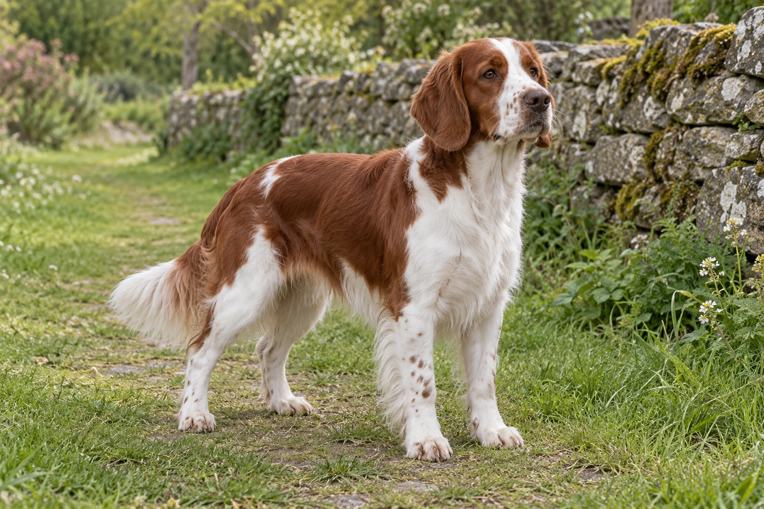Rød-hvid Welsh Springer Spaniel med naturlig frynset hale står på en havesti ved et stengærde.