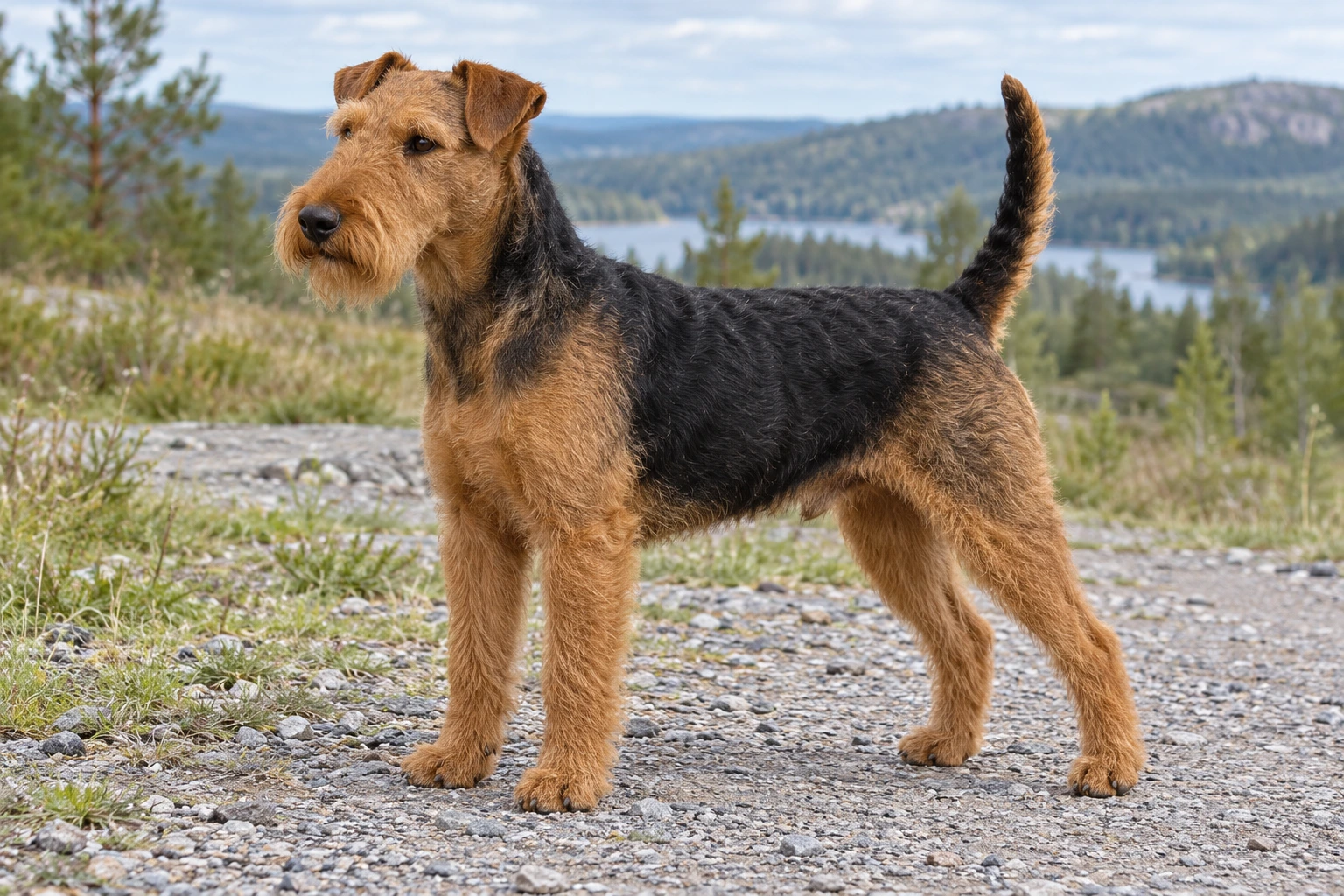 Sort og tan Welsh Terrier med strid pels og naturlig opret hale står på en sti.