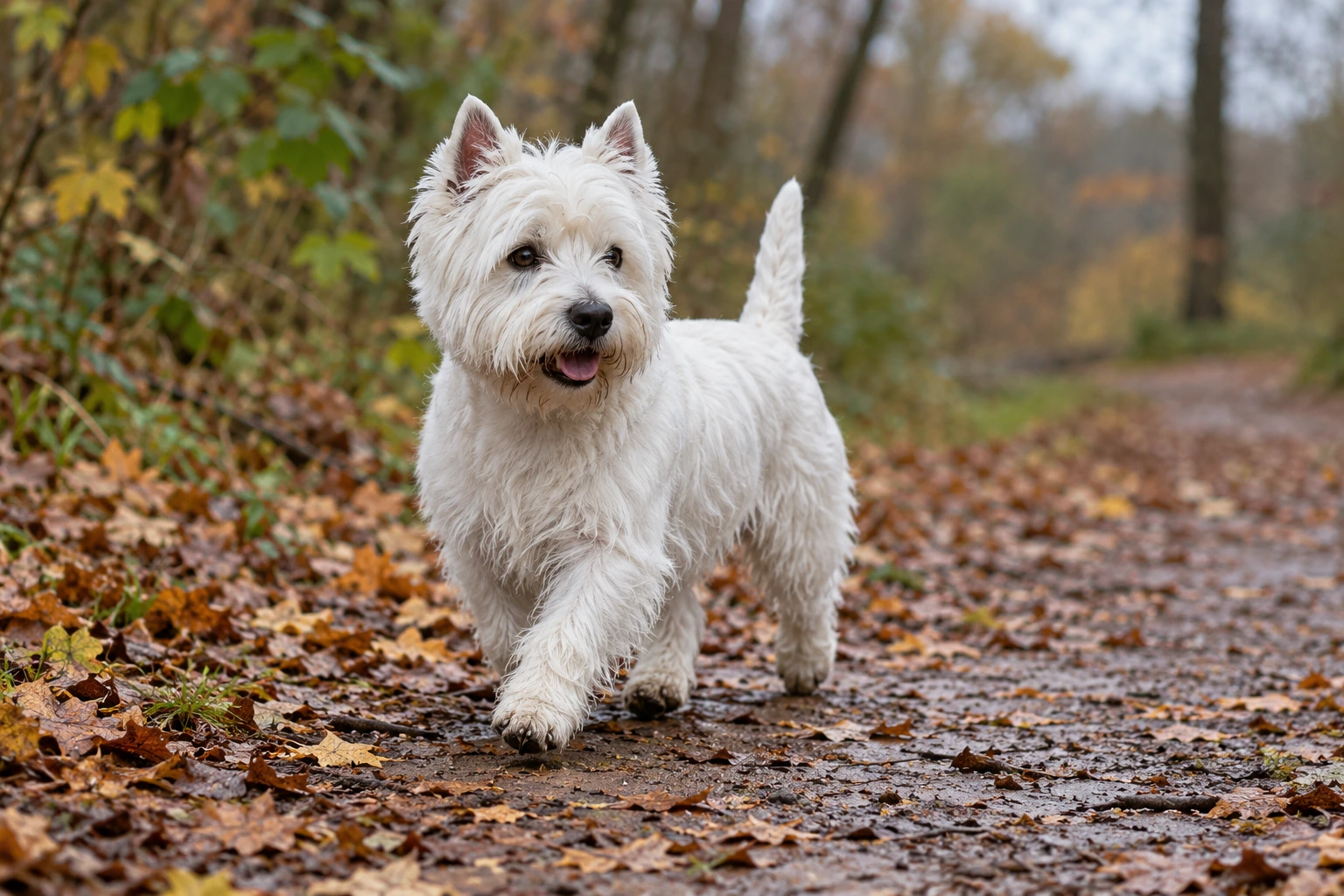 Hvid voksen West Highland White Terrier traver på en skovsti