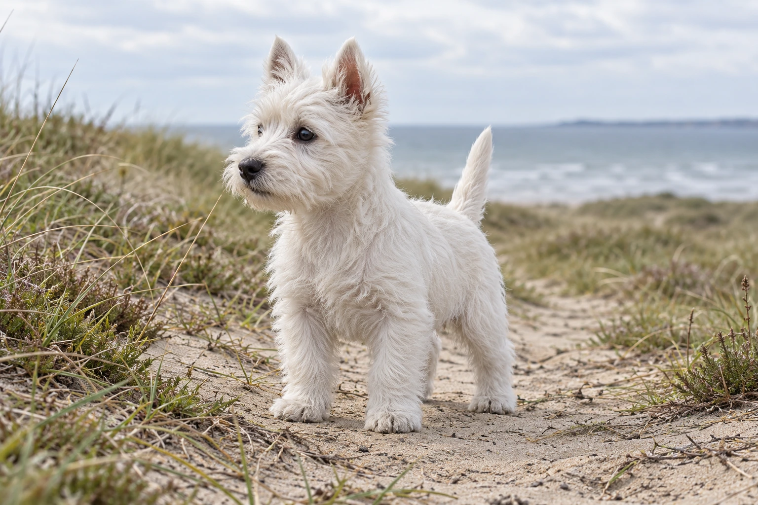 Hvalp af racen West Highland White Terrier, ca. 12 uger, i et nordisk hverdagsmiljø