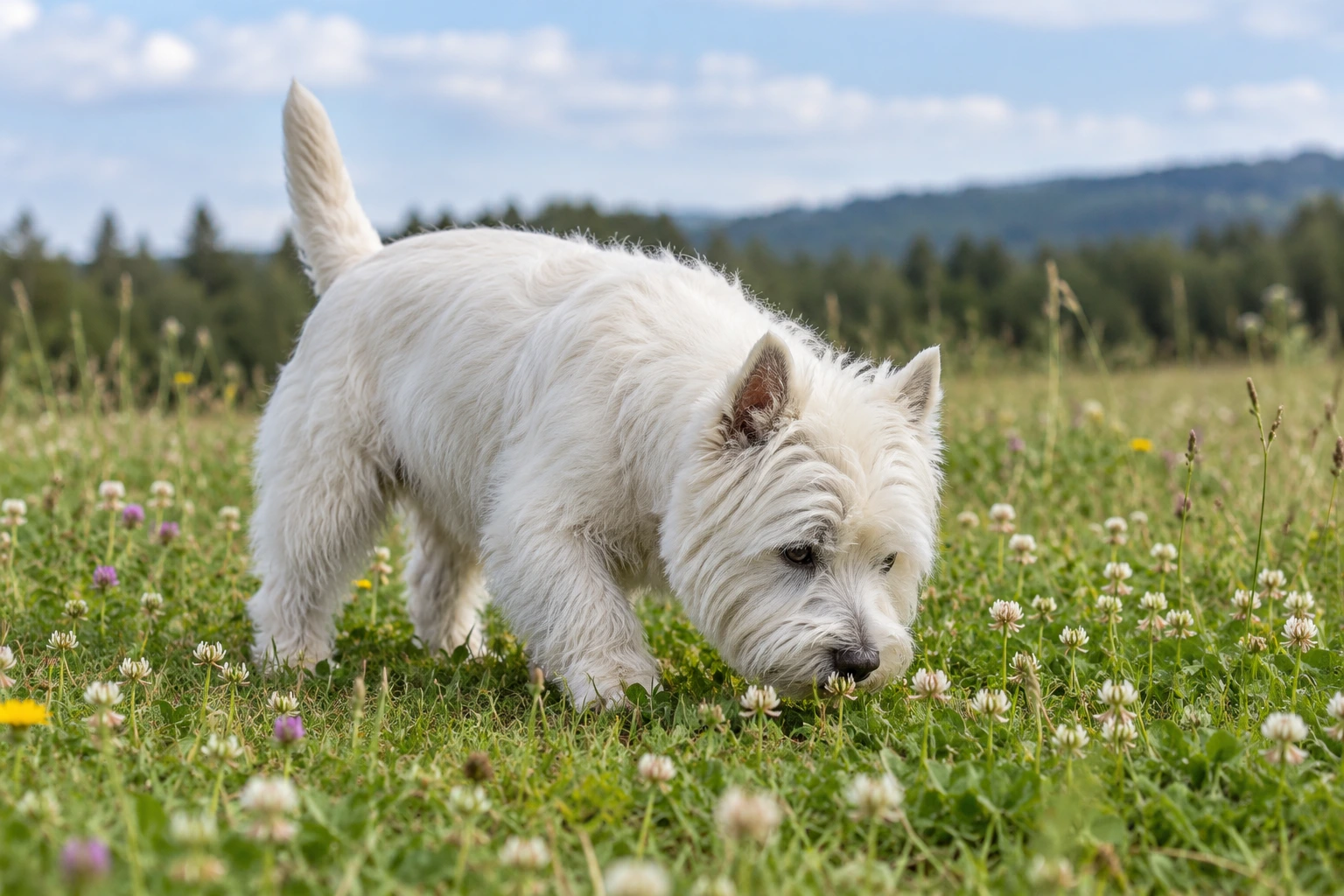 Senior af racen West Highland White Terrier, ca. 10 år, i et nordisk hverdagsmiljø