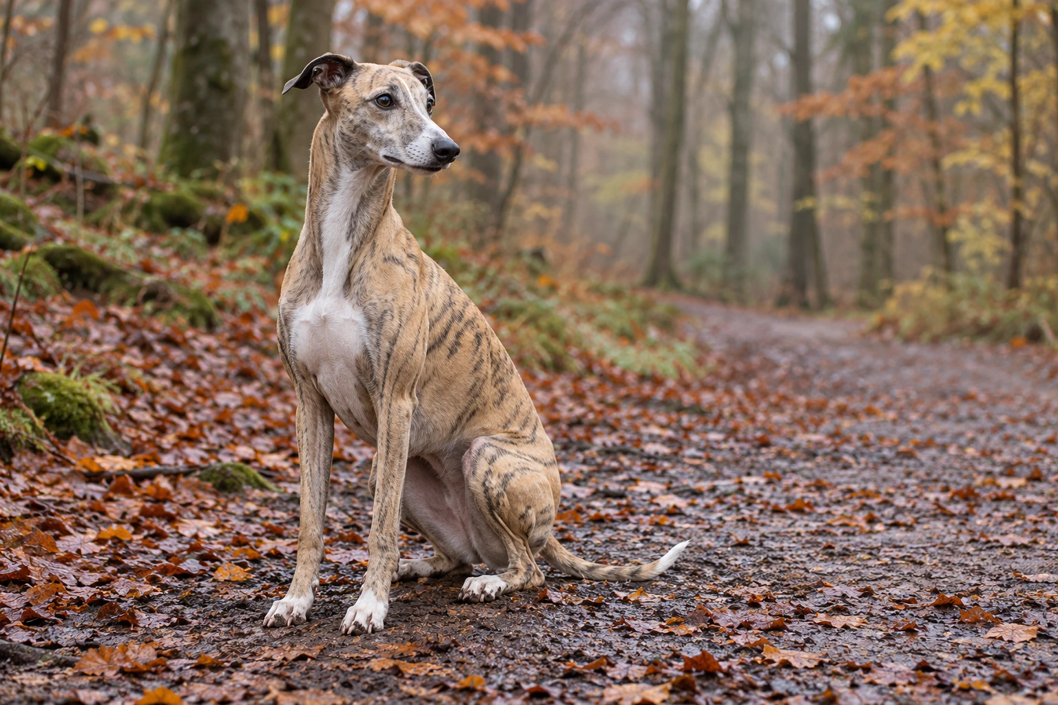 Brindlet voksen Whippet sidder på en skovsti