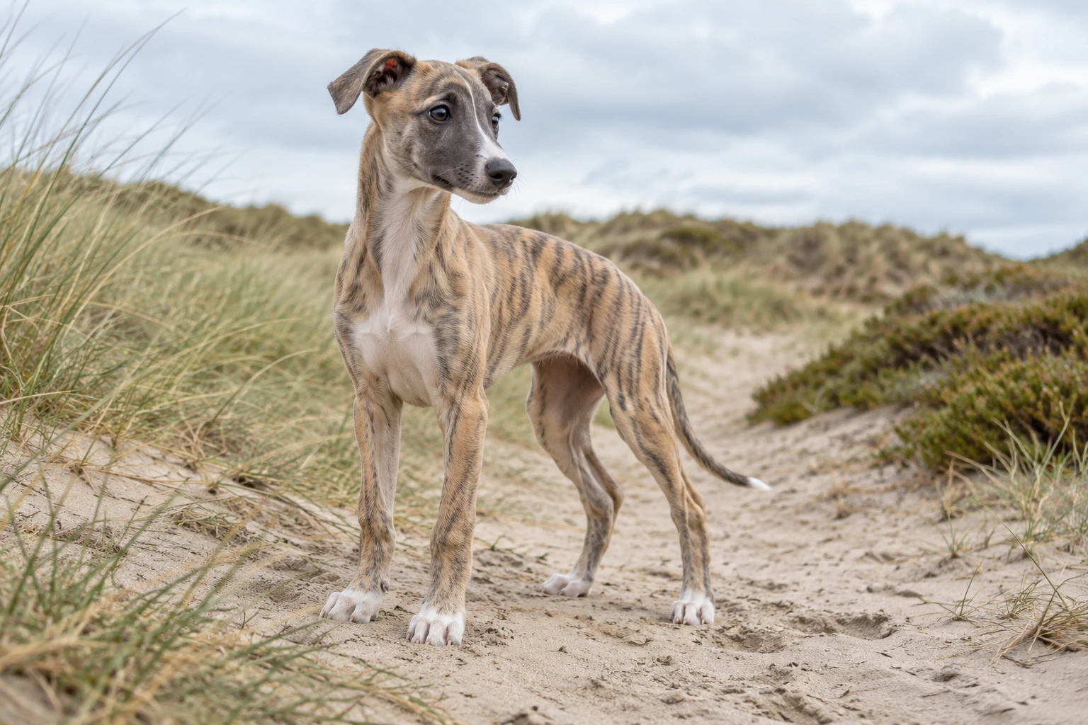 Hvalp af racen Whippet, ca. 12 uger, i et nordisk hverdagsmiljø