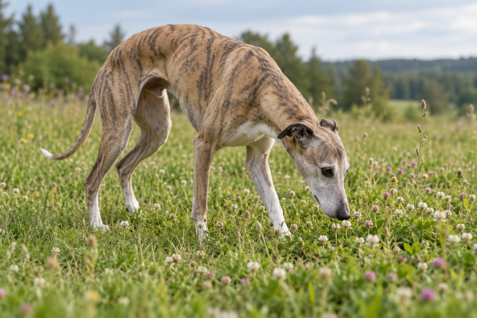 Senior af racen Whippet, ca. 10 år, i et nordisk hverdagsmiljø