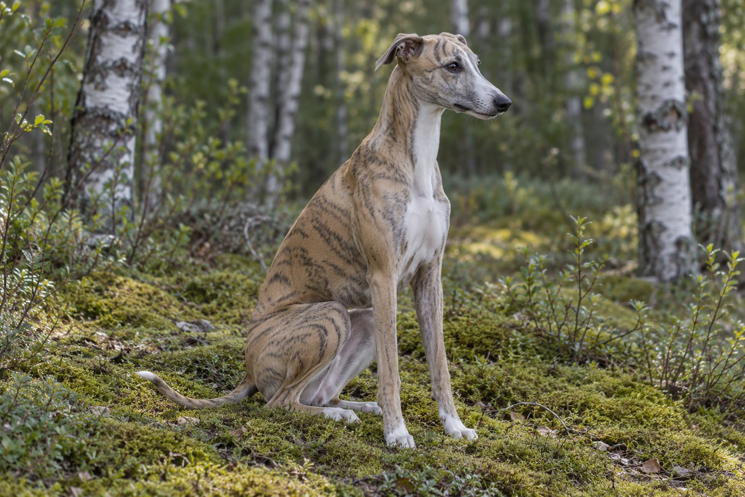 Unghund af racen Whippet, ca. 9 måneder, i et nordisk hverdagsmiljø