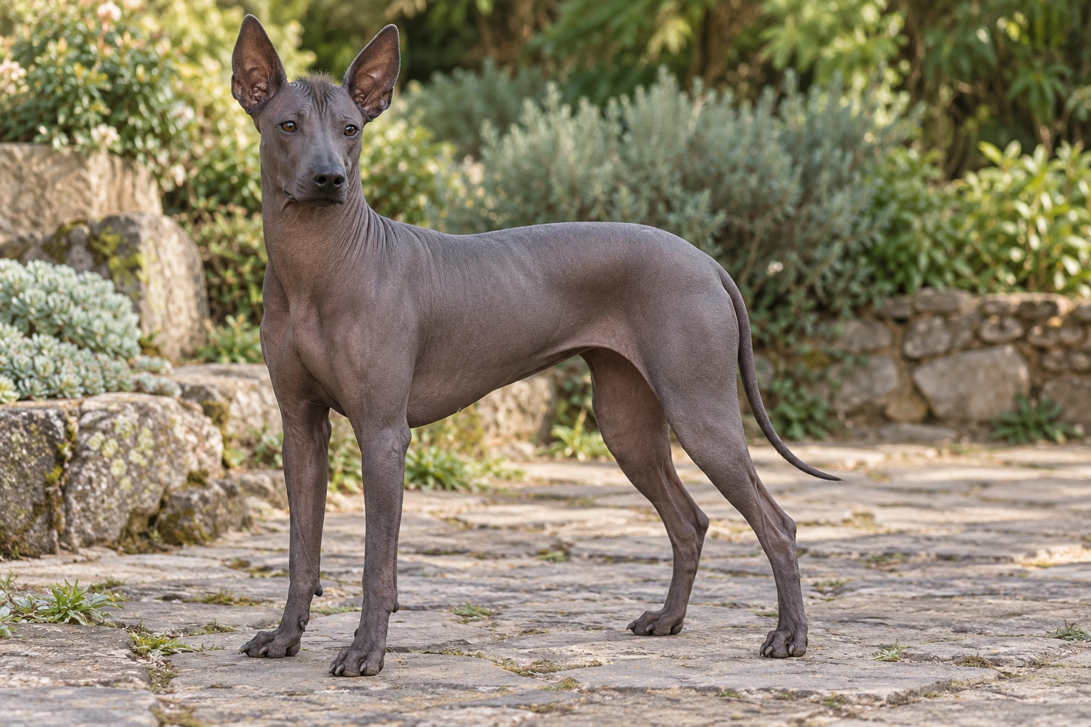Voksen mørkegrå hårløs Xoloitzcuintle med store naturlige ører står i en have