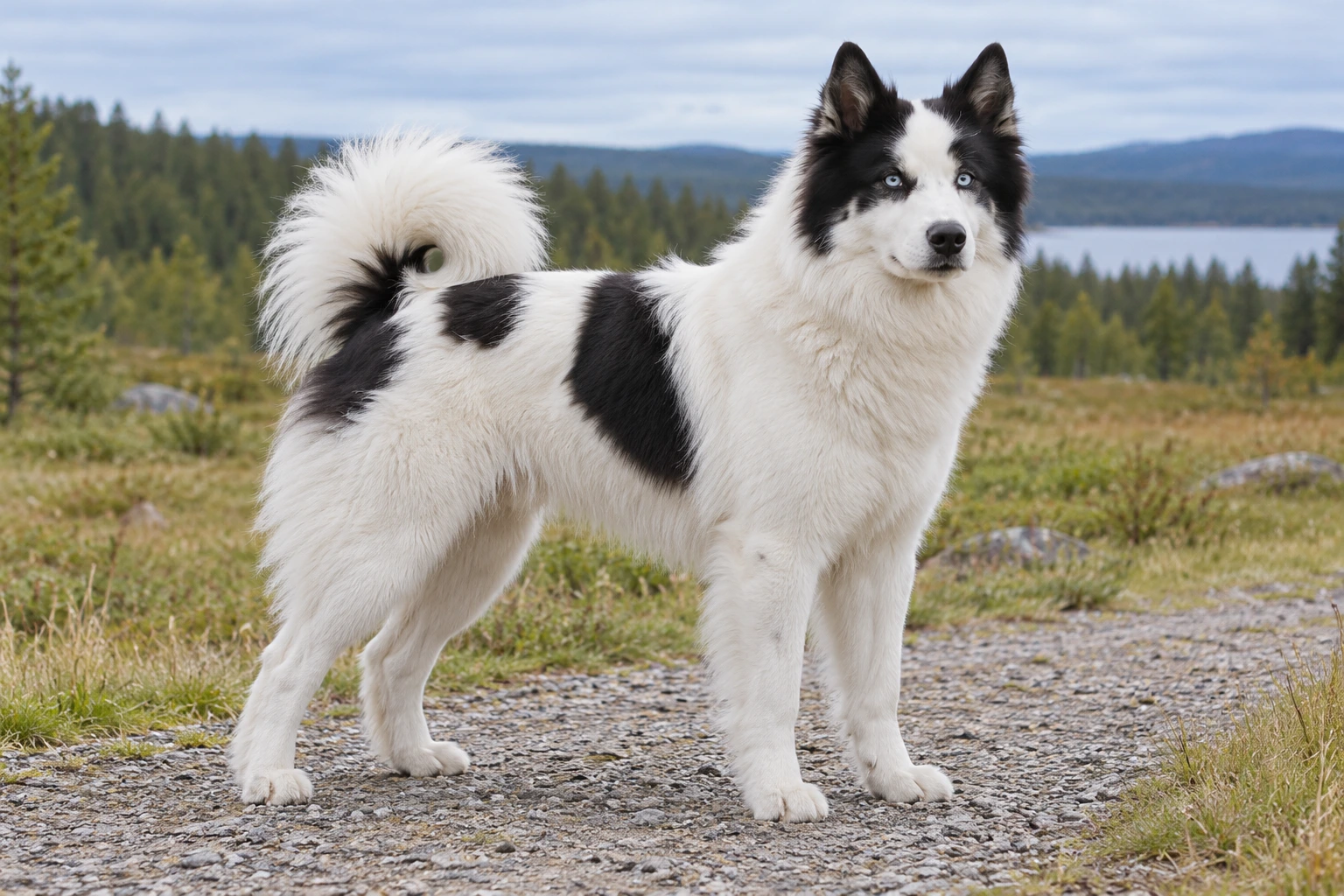 Sort og hvid Yakutskaya Laika med blå øjne og fyldig hale over ryggen står på en sti.