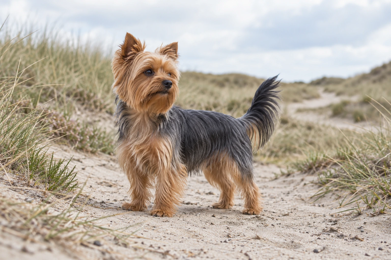Voksen Yorkshire Terrier står på en klitsti