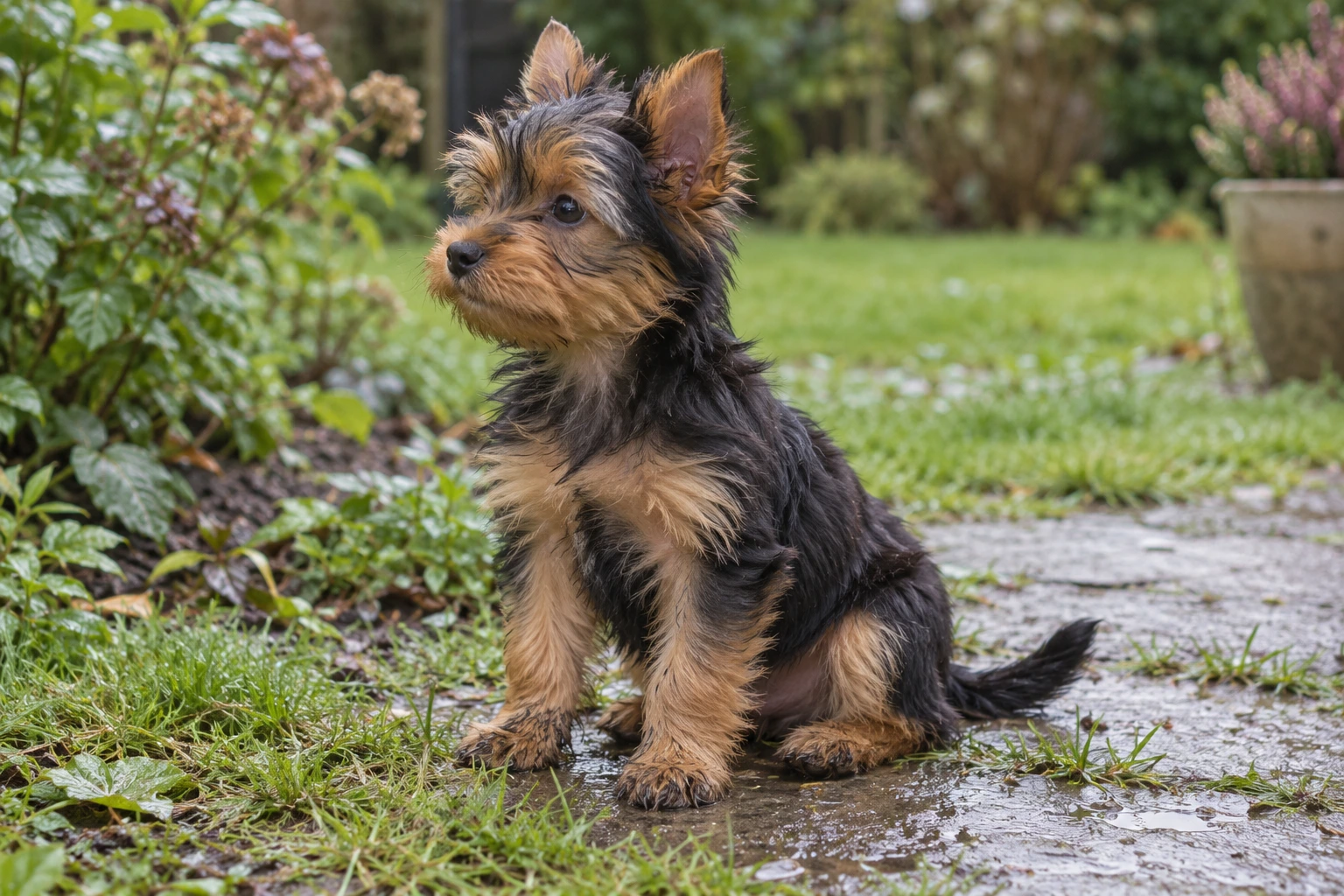 Hvalp af racen Yorkshire Terrier, ca. 12 uger, i et nordisk hverdagsmiljø