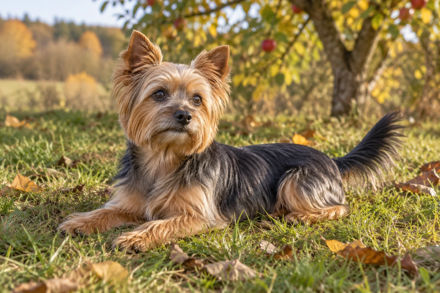 Senior af racen Yorkshire Terrier, ca. 10 år, i et nordisk hverdagsmiljø