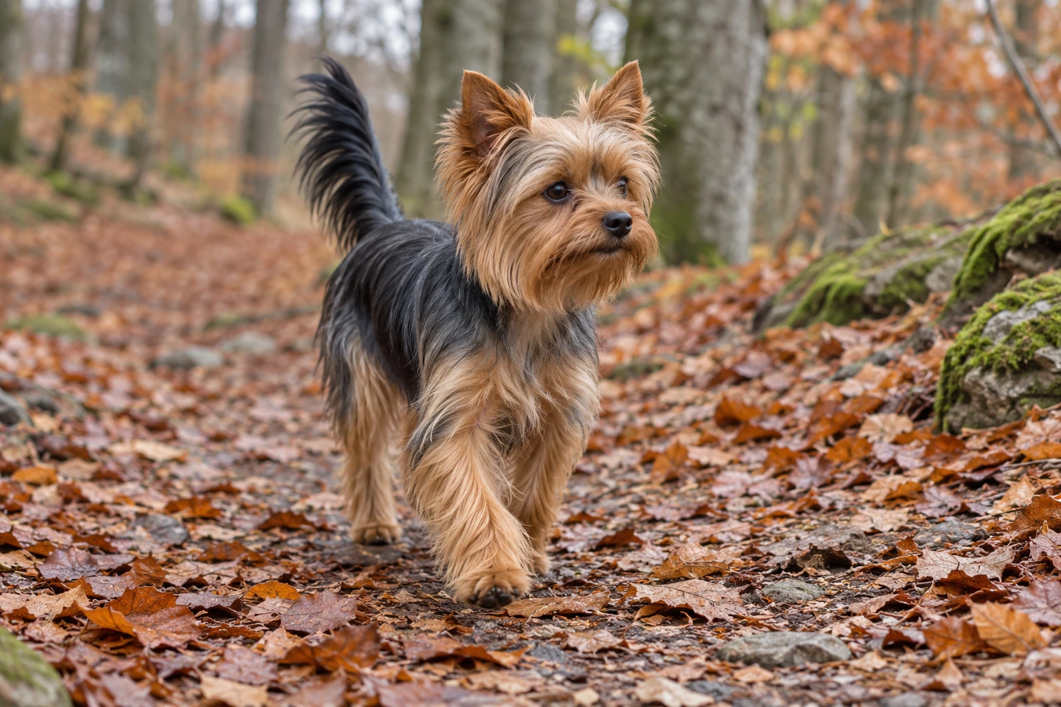 Unghund af racen Yorkshire Terrier, ca. 9 måneder, i et nordisk hverdagsmiljø